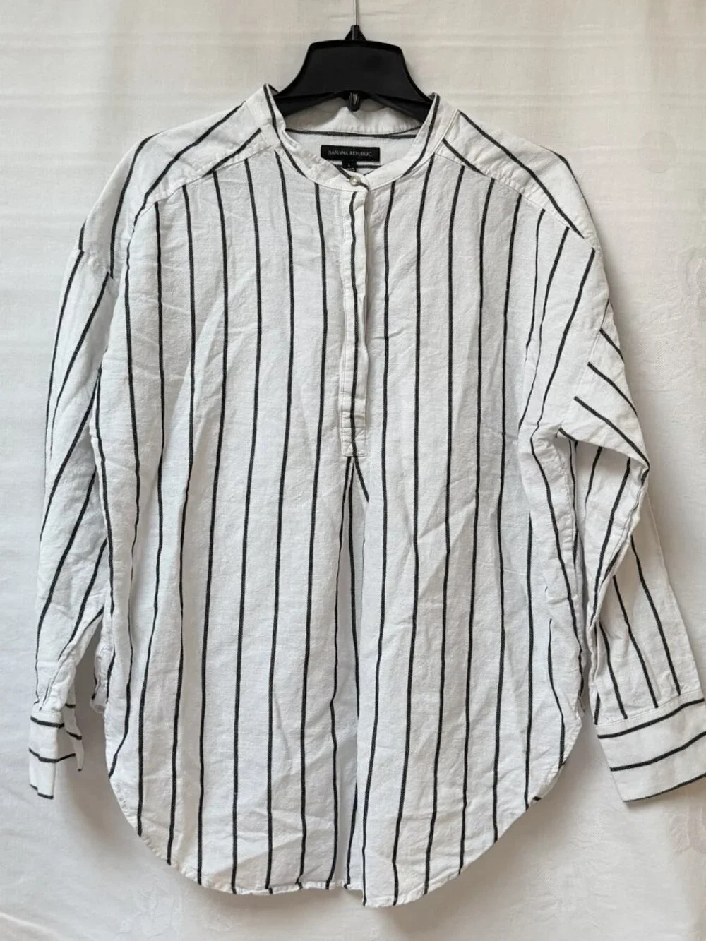 Banana Republic Striped Tunic Long Sleeve Gray White Cotton Linen Womens Large